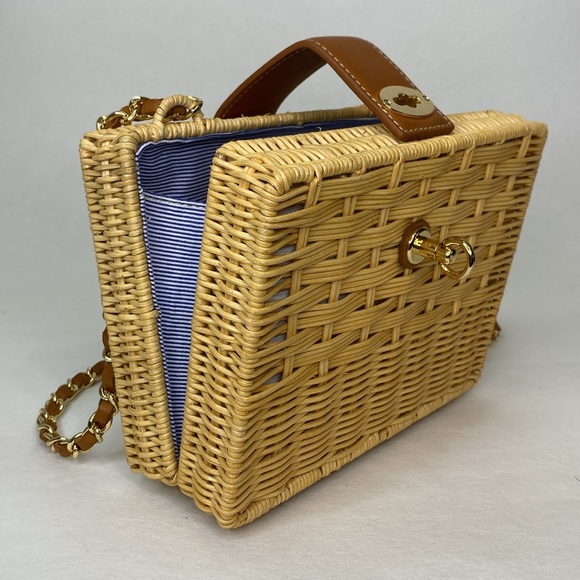 J. McLaughlin Wicker Straw & Leather Rectangle Box Handbag, Gold Hardware, NWOT - Picture 15 of 16